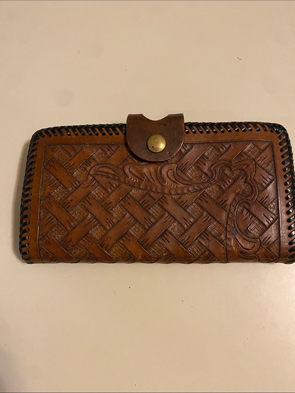 Hand-Tooled Leather Wallet Clutch in Brown with Woven and Braided Details